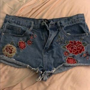 Rose embroidered denim shorts!!